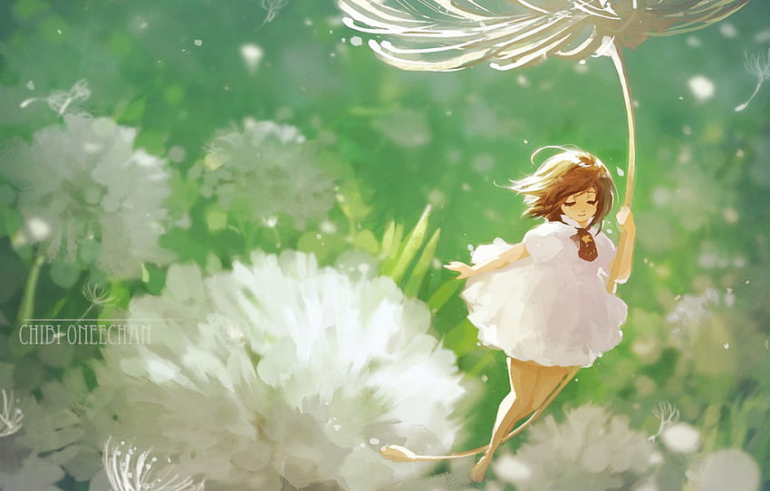 summer, elf, fairy, fluff, girl, dandelions, white dress, art, chibi oneechan , section прочее, chibi summer HD wallpaper