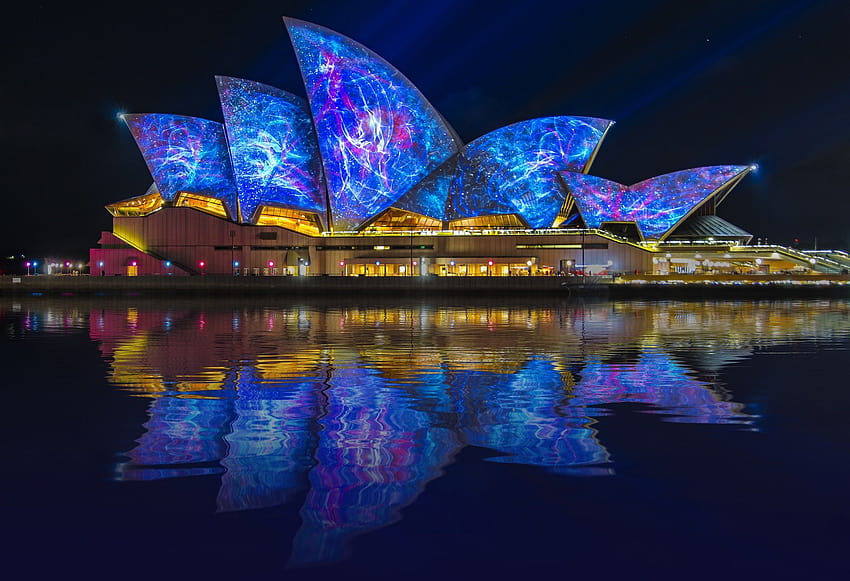 : cidade, noite, viagem, reflexão, diversão, reisen, paisagem urbana, Sydney, velas, blues, Austrália, explorar, fantasia, nsw, sydneyharbour, sydneyoperahouse, a, grafia de longa exposição, vividsydney 2000x1368 papel de parede HD