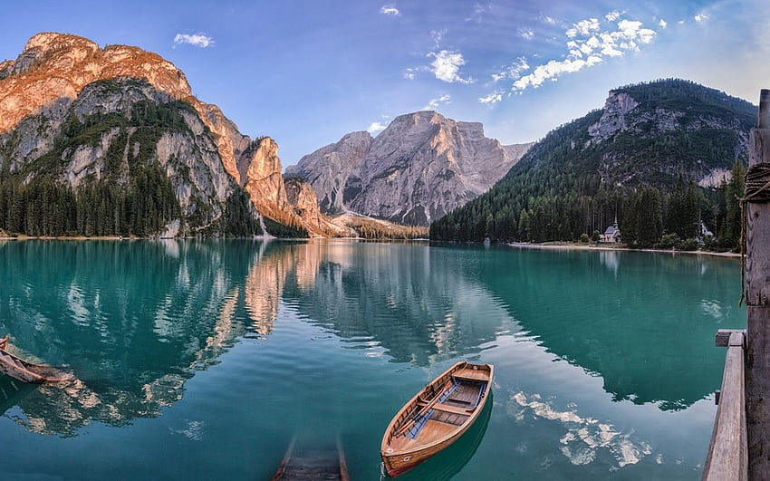 : landscape, forest, mountains, boat, sea, Italy, bay, lake, water, nature, reflection, vehicle, morning, turquoise, summer, fjord, church, canoe, reservoir, boating, loch, mountain range 1300x812, summer boat lake HD wallpaper