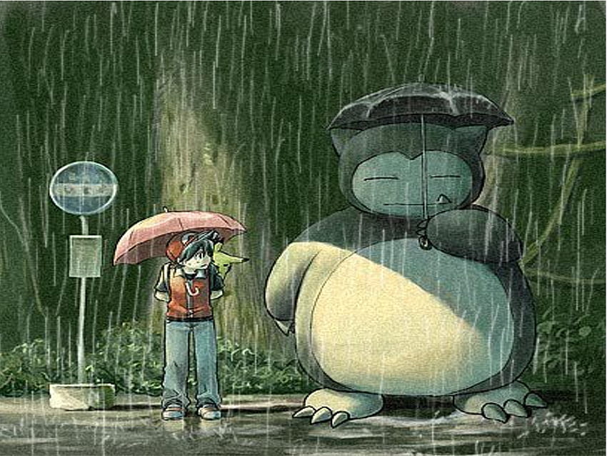 pokemon, deszcz, totoro, parodia, snorlax, autobus, stop, parasole / i mobilne tła Tapeta HD