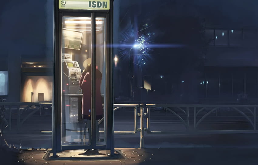 night, street, girl, lantern, 5 centimeters per second, Makoto Xingkai, phone booth , section прочее, telephone booth HD wallpaper
