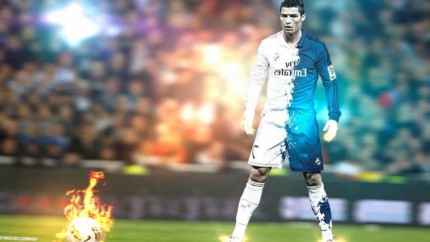 Cristiano Ronaldo, Soccer, Real Madrid, La Liga, Football, Pitch, Soccer, Goal, Machine, Player, Fire Ball HD wallpaper