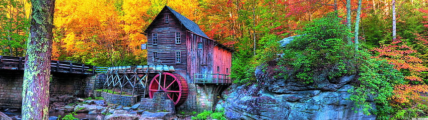 Grist Mill in Autumn, 7680x2160 autumn HD wallpaper