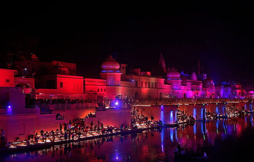 กลางคืน แสงไฟ อินเดีย โรงนา แม่น้ำ อโยธยา สำหรับ วอลล์เปเปอร์ HD