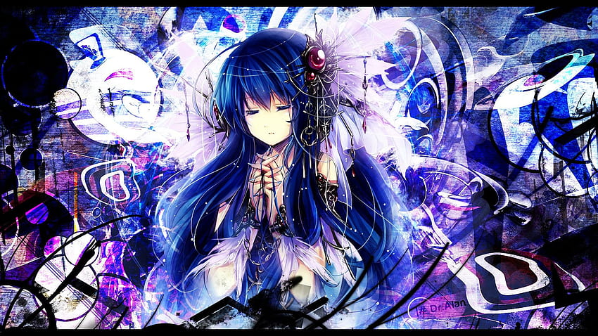 abstract, blue, original, long hair, blue hair, feathers, praying, blue and purple anime HD wallpaper