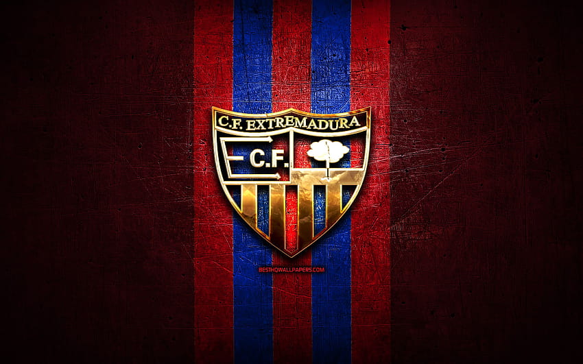 Extremadura FC, златно лого, La Liga 2, червен метален фон, футбол, Extremadura UD, испански футболен клуб, лого на Extremadura, футбол, LaLiga 2, Испания с резолюция 2880x1800. Високо качество HD тапет