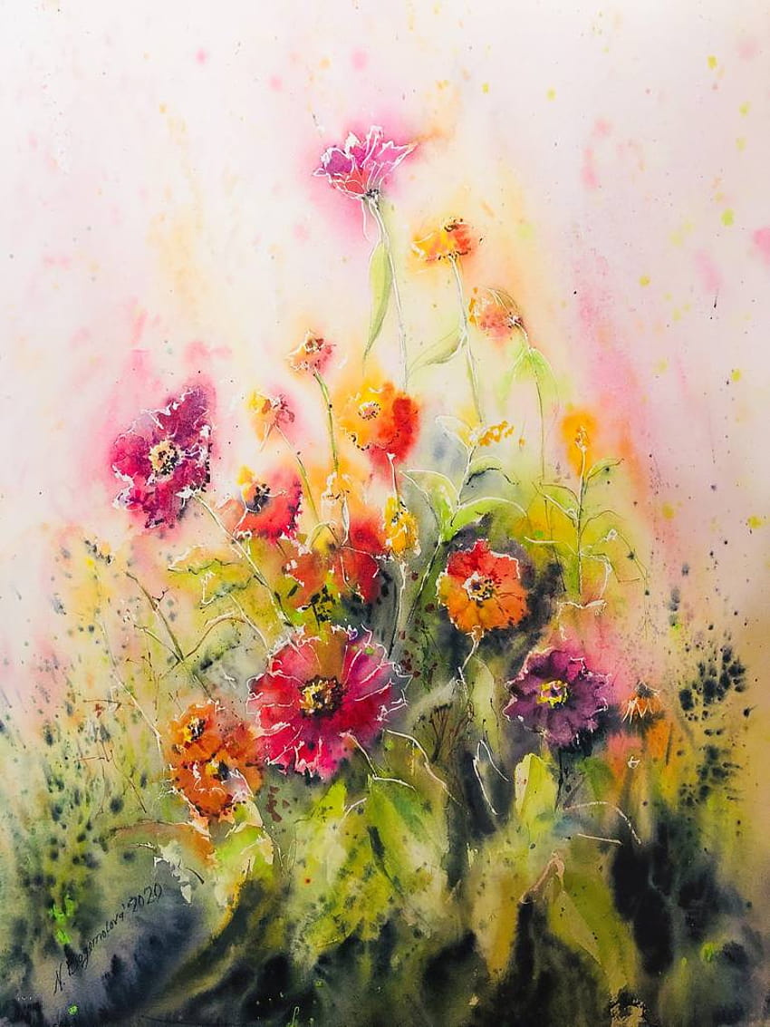 Pink and orange zinnias. Summer flowers Painting by Nadeza Bogomolova, watercolor summer flowers HD phone wallpaper