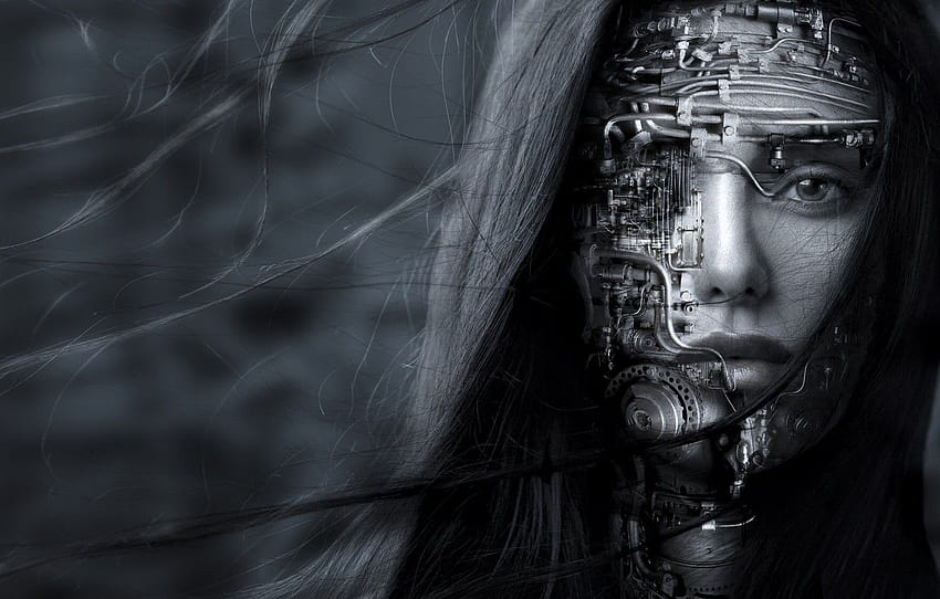 Olha, menina, cara, cabelo, robô, Preto e branco, monocromático, seção рендеринг, rosto de robô papel de parede HD