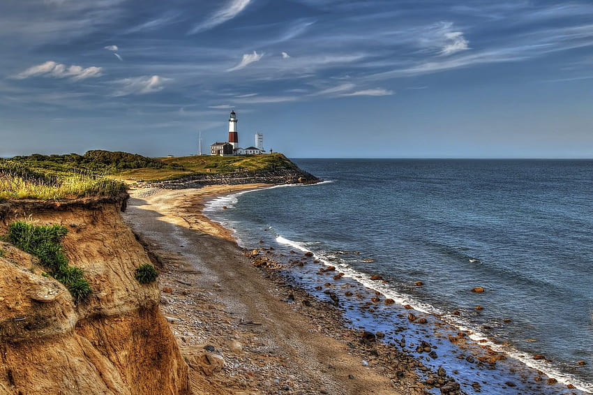 : ocean, lighthouse, newyork, beach, rock, point, longisland, Atlantic, shore, montauk, R, bluff 3600x2400 HD wallpaper