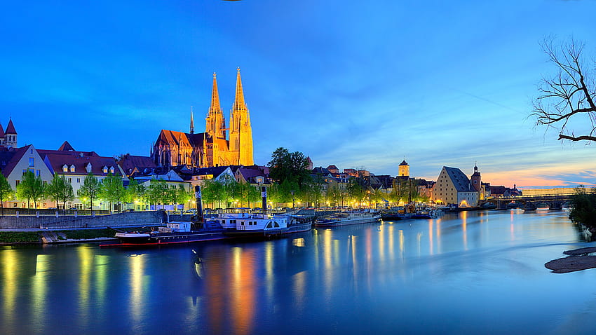 บาวาเรีย เยอรมนี Regensburg Night Rivers Cities 2560x1440 วอลล์เปเปอร์ HD