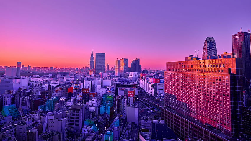 1600x900 ville, vue aérienne, bâtiments, crépuscule, arrière-plans grand écran violet 16: 9, horizon violet Fond d'écran HD