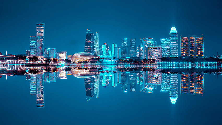 Skyline da cidade, Cingapura, hora azul, vida noturna, paisagem urbana, mundo, céu noturno estético ps4 papel de parede HD