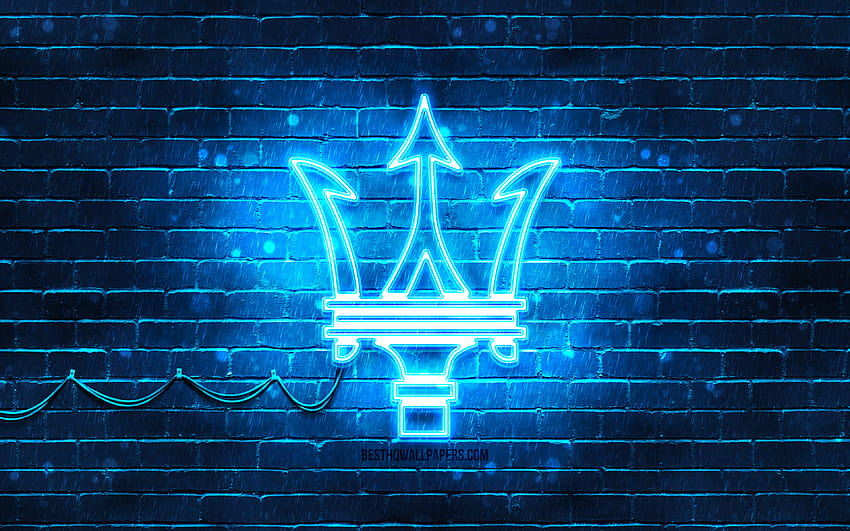 Maserati blue logo, blue brickwall, Maserati logo, cars brands, Maserati neon logo, Maserati with resolution 3840x2400. High Quality, neon maserati HD wallpaper