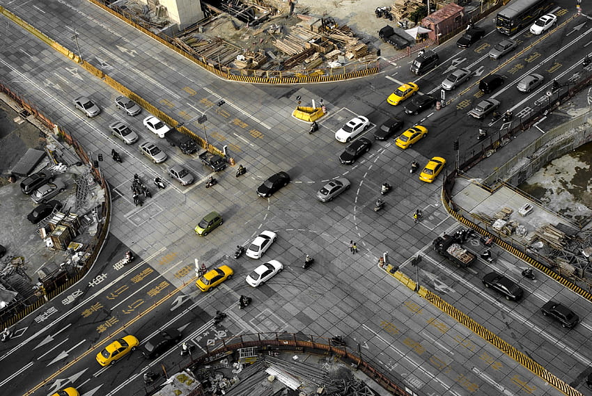 city, Urban, Selective Coloring, Yellow, Taxi, Road, Aerial View, traffic HD wallpaper