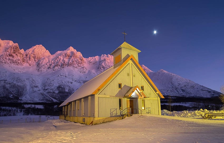 musim dingin, malam, Norwegia, Gereja, Norwegia, Troms County, tromso Wallpaper HD