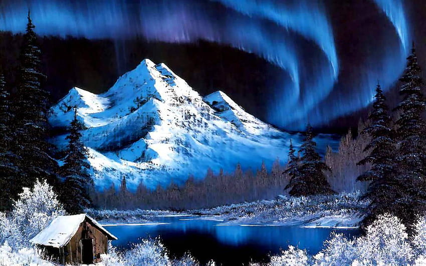 pinturas, montañas, nieve, aurora, Bob Ross, obras de arte, nieve fondo de pantalla