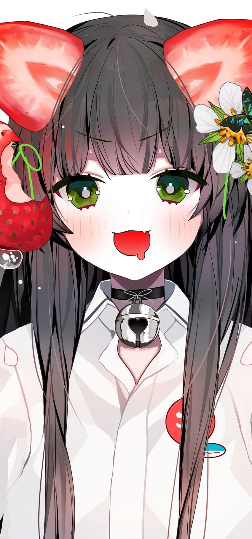 desktop wallpaper 1080x2310 cute anime girl green eyes strawberries shirt fang loli for honor view 20 strawberry anime girl