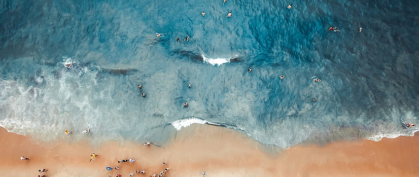 ชายหาด, นักเล่นเซิร์ฟ, ฤดูร้อน, มุมมองทางอากาศ , 2560x1080, Dual Wide, , 2560x1080 ฤดูร้อน วอลล์เปเปอร์ HD