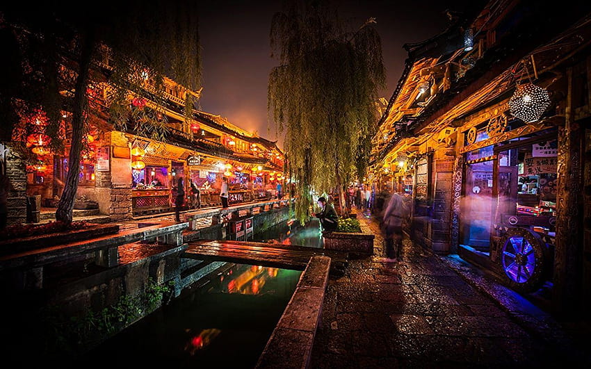 中国 麗江市場 カナル ストリート 夜の都市、展望 高画質の壁紙
