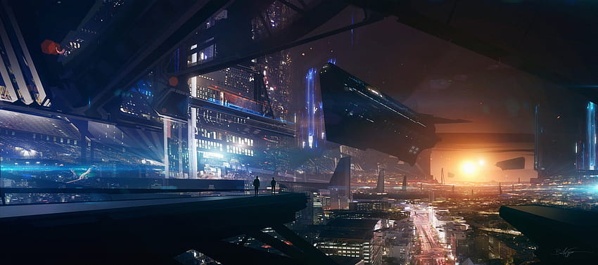 : lampu, orang-orang, kota, malam, ruang, jalan, fiksi ilmiah, kapal angkasa, daerah masa depan, tahap, screenshot 3200x1418, pesawat ruang angkasa masa depan Wallpaper HD