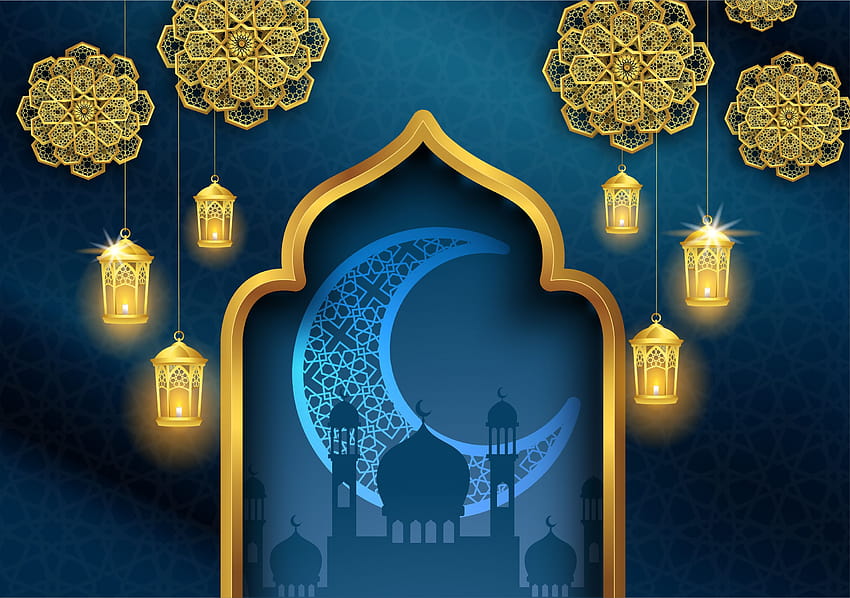 conception de carte de voeux islamique ramadan kareem ou eid mubarak avec lanterne dorée et croissant de lune, lanterne du ramadan Fond d'écran HD