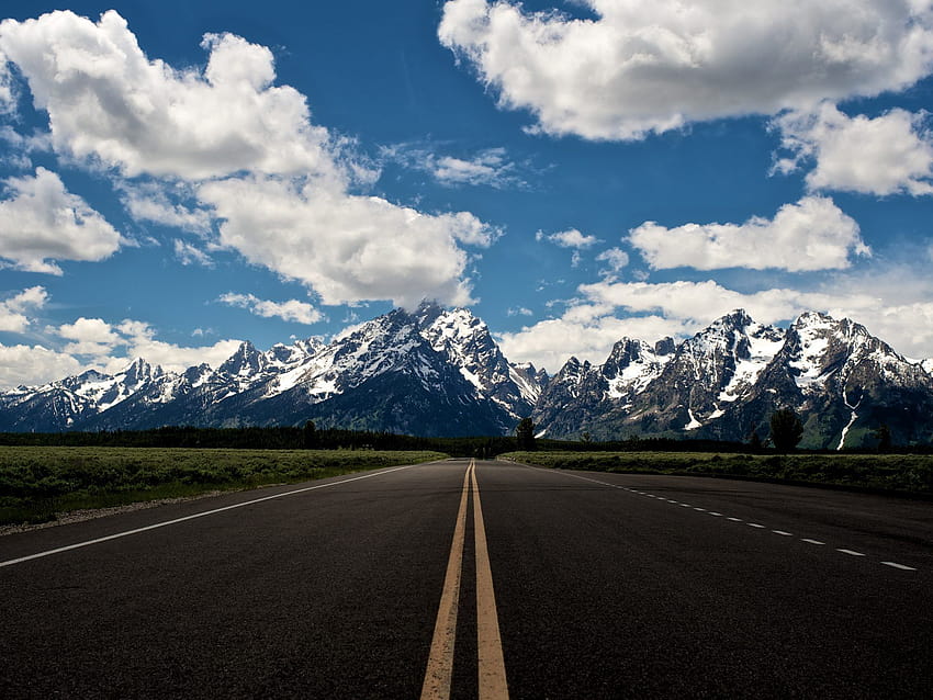 Empty Lanes, Highway, Rocky Mountains With Snow, Blue Sky And, empty road clouds mountains HD wallpaper