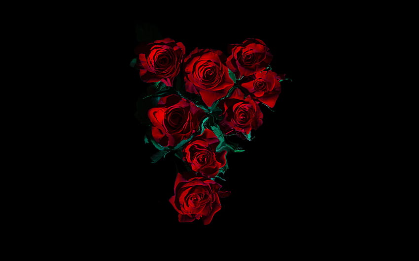 Червени рози, букет цветя, черен фон HD тапет