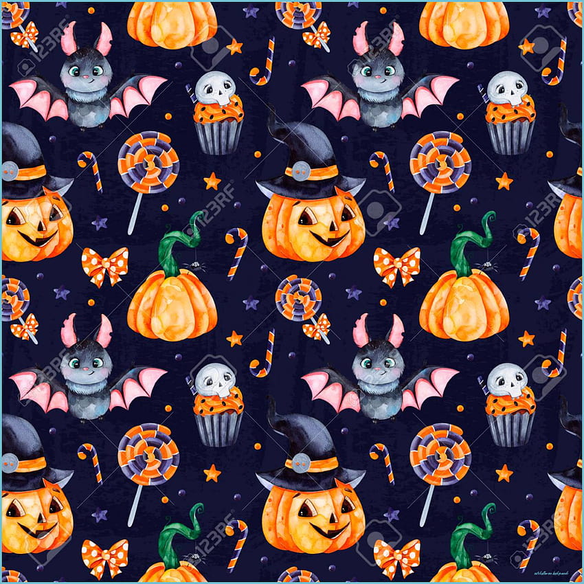 Cute Watercolor Halloween Seamless Pattern Dark, cute black halloween ...