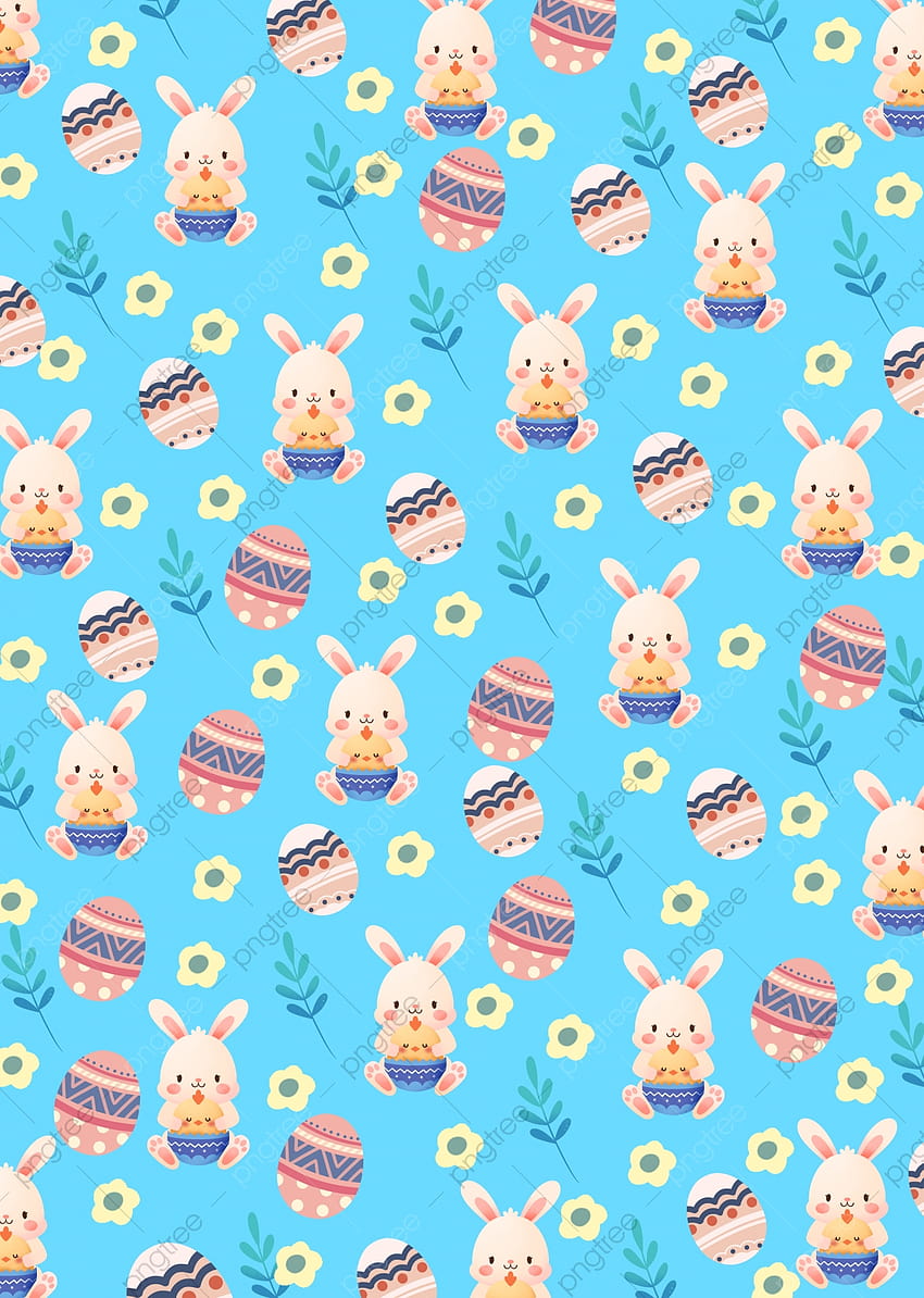 Light Blue Cute Easter Bunny Background, Pale Yellow Flowers, Easter Eggs, Tree Branch Backgrounds for, easter kawaii cute HD phone wallpaper