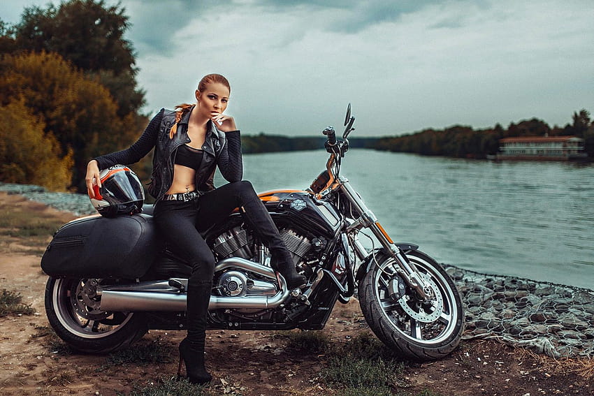 ハーレーダビッドソンのホットな女の子、オートバイのジャケット 高画質の壁紙