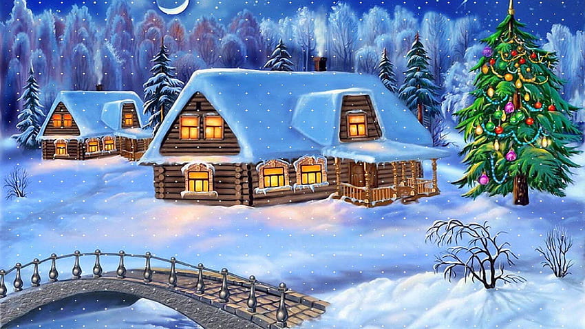 Happy New Year Christmas Tree Winter Village Houses Wooden Bridge Snow Tree Snow 3840x2400 : 13, happy new year snow HD wallpaper