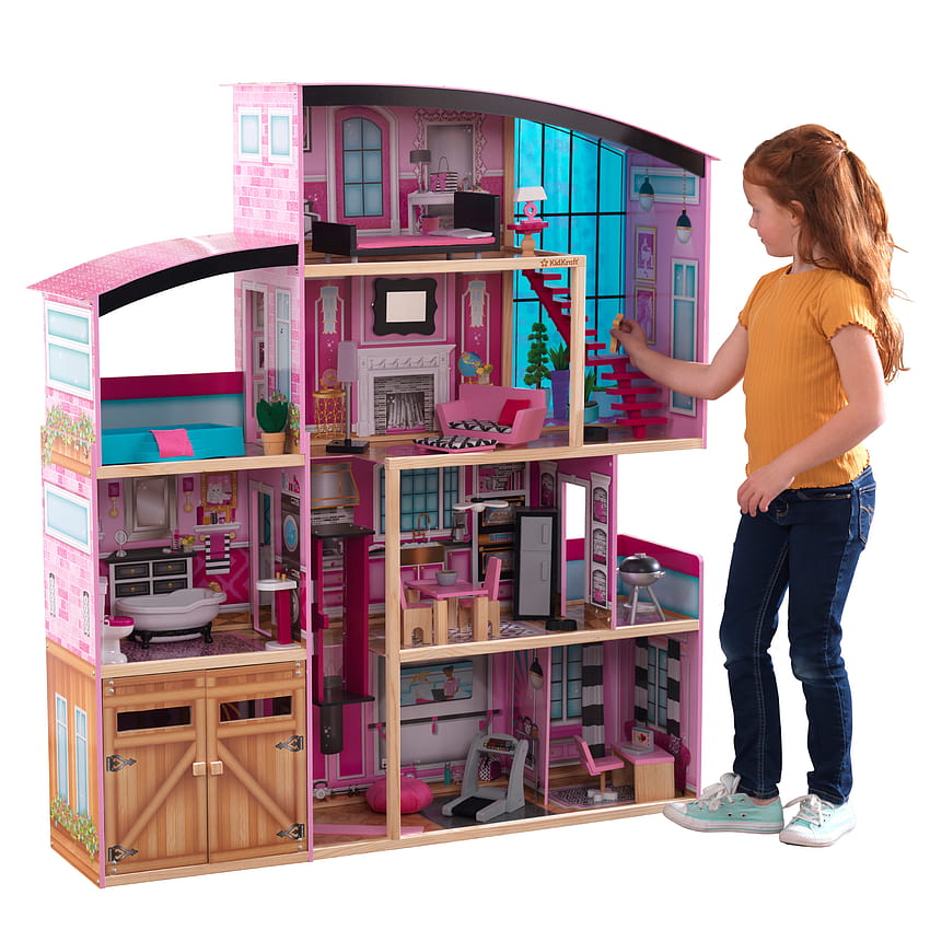 KidKraft Shimmer Mansion Wooden Dollhouse, over 4 Feet Tall, Lights & Sounds and 30 Pieces HD phone wallpaper