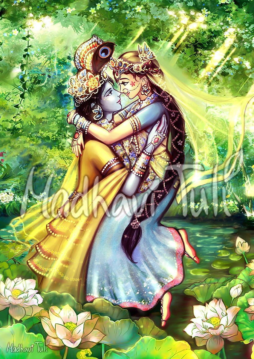 ไฟล์ Shri Krishna กับ Shri Radha ในสวนสวยสีเขียว ภักติโยคะคุณสูง, ศิลปะกฤษณะ วอลล์เปเปอร์โทรศัพท์ HD