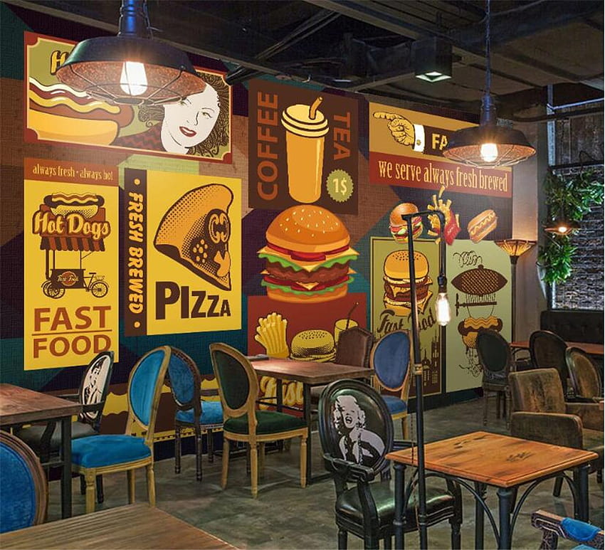 ヨーロッパとアメリカのレトロなバーガーピザ 3D ファーストフードレストランスナックバー産業装飾背景壁画 高画質の壁紙