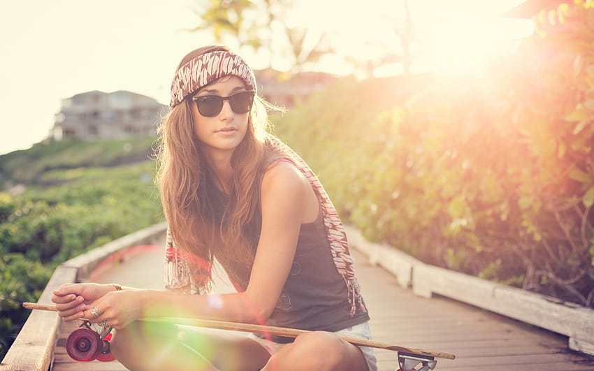 skateboard, Women, Women Outdoors, Bandanas, Sunlight, Sunglasses, sunglass women HD wallpaper