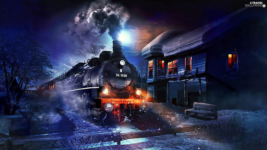Winter Train, winter railroad night HD wallpaper