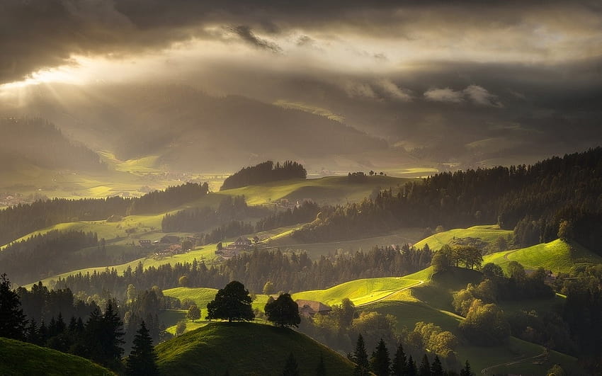 Szwajcaria, Kraj, Las, Mgła, Natura, Góry, Wsie, Promienie słoneczne, Chmury, Wiosna, Zielone / i mobilne tła, wiosenne słońce góra Tapeta HD