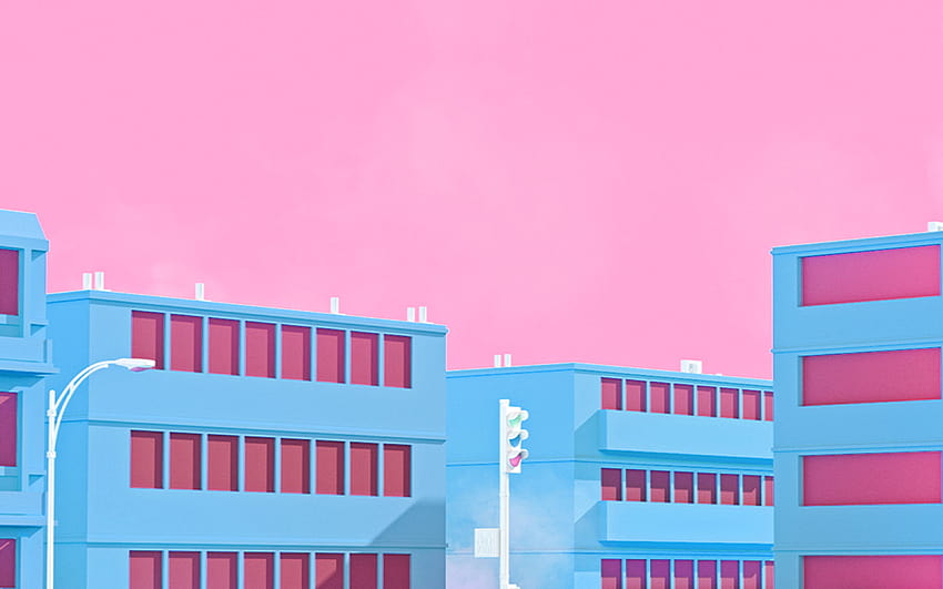 Laptop, rosa und blaue Anime-Stadt HD-Hintergrundbild