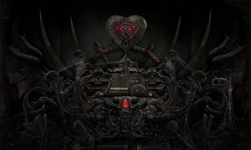 crystal, metal, the dark background, red, heart, mechanism, web, black, art, section rendering in resolution 1920x1153, trap metal HD wallpaper