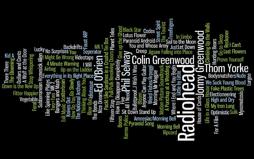 music, Text, Typography, Radiohead, Song, Rock, Music, Wordcloud, word cloud black HD wallpaper