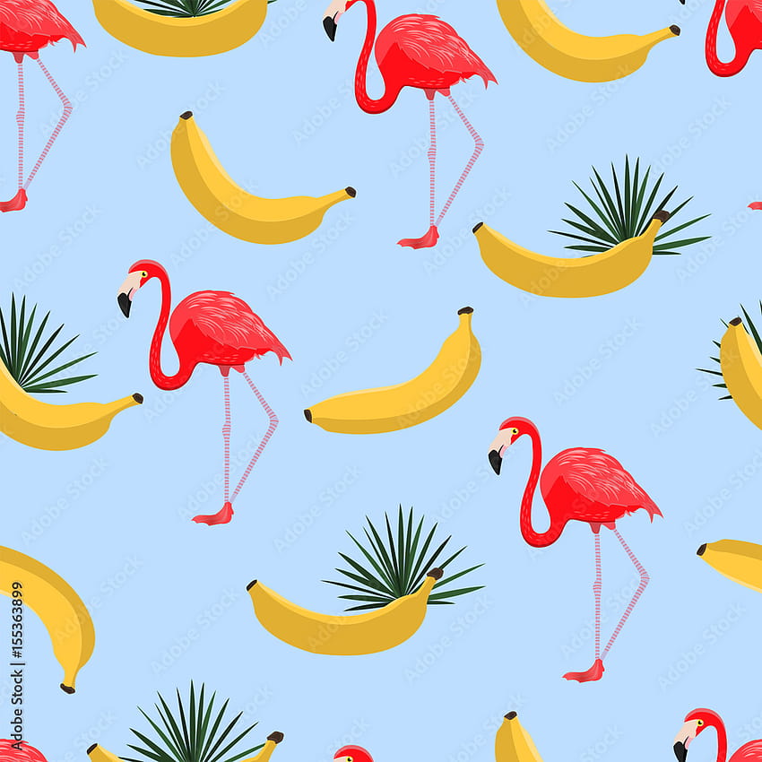 Pola mulus dengan pisang dan daun tropis. Latar belakang gaya Hawaii dengan tanaman tropis hutan, pisang kuning dan flamingo eksotis. Cetak kain. Desain modern. Vektor. Stok Vektor, gaya wallpaper ponsel HD