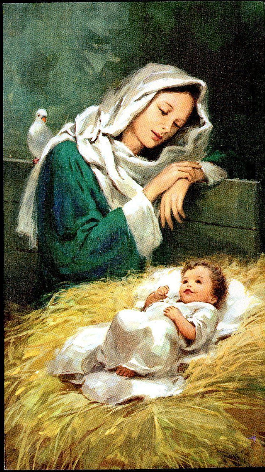 Ave Maria / Bogorodica, mary laying baby jesus in a yemlik panosundaki Pin HD telefon duvar kağıdı