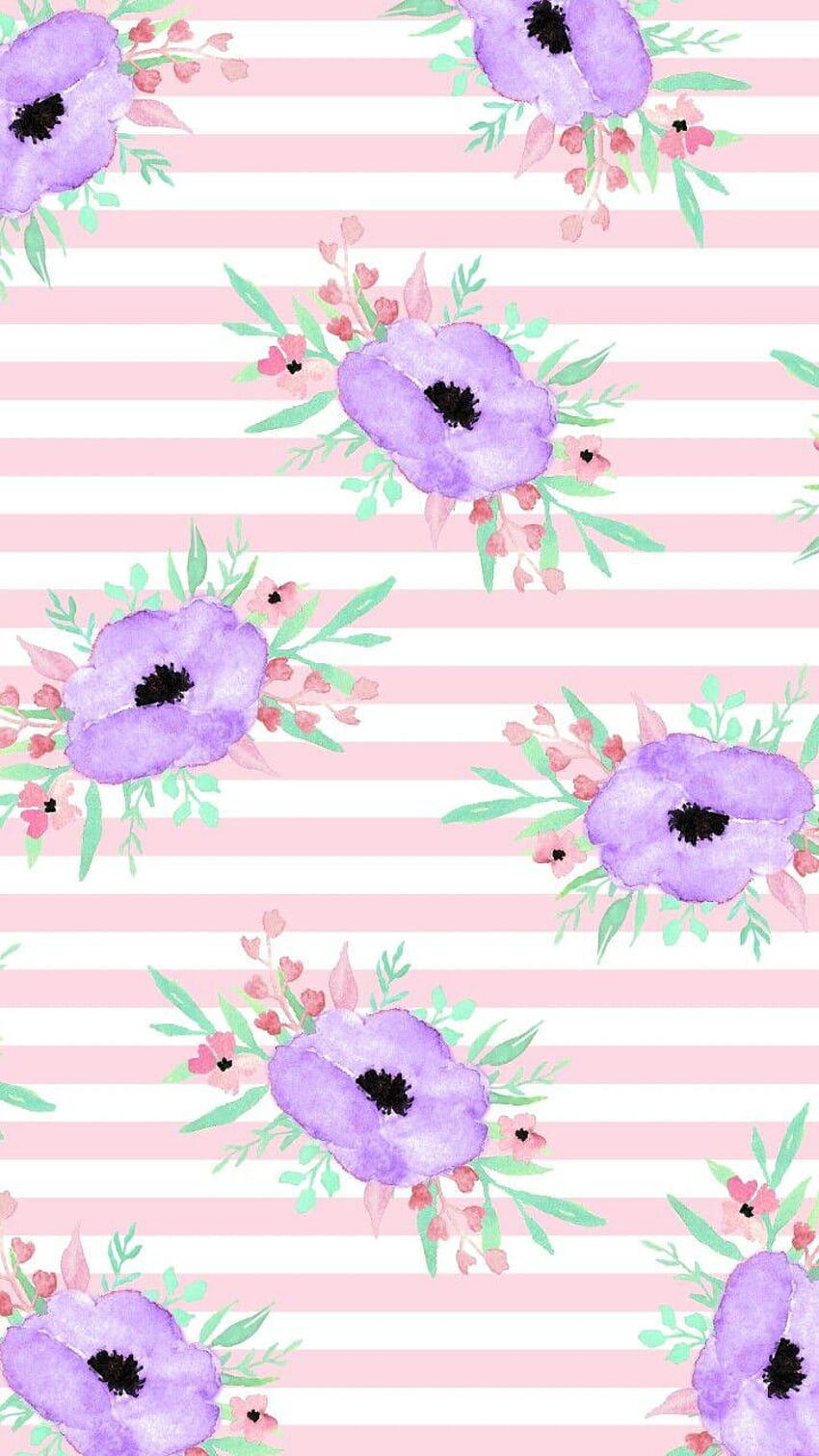 rayado rosa y blanco con flores lilas fondo de pantalla del teléfono