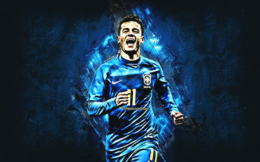 Philippe Coutinho, blue stone, Brazil National Team, goal, artwork, soccer, footballers, neon lights, Coutinho, football stars, grunge, Brazilian football team with resolution 2880x1800. High Quality, football neon HD wallpaper