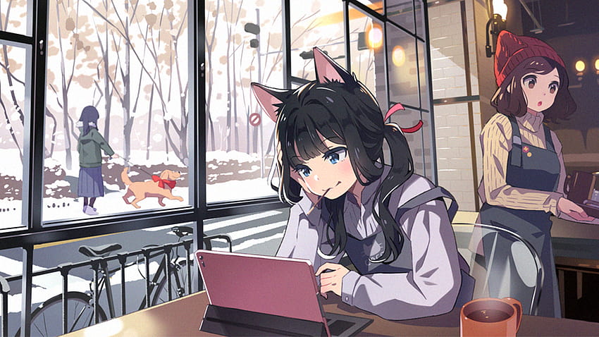 Anime Anime Girls Personnages originaux Café Oreilles d'animaux Cheveux noirs Yeux bleus Fenêtre d'ordinateur portable Assis, anime girl cafe Fond d'écran HD