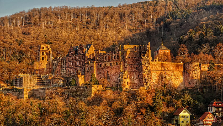 : landscape, city, nature, building, sky, winter, village, evening, castle, Germany, ruins, chateau, Heidelberg, tree, autumn, leaf, deutschland, ancient history, historic site, middle ages, fortification, schloss, badenwurttemberg, medieval, medieval autumn HD wallpaper