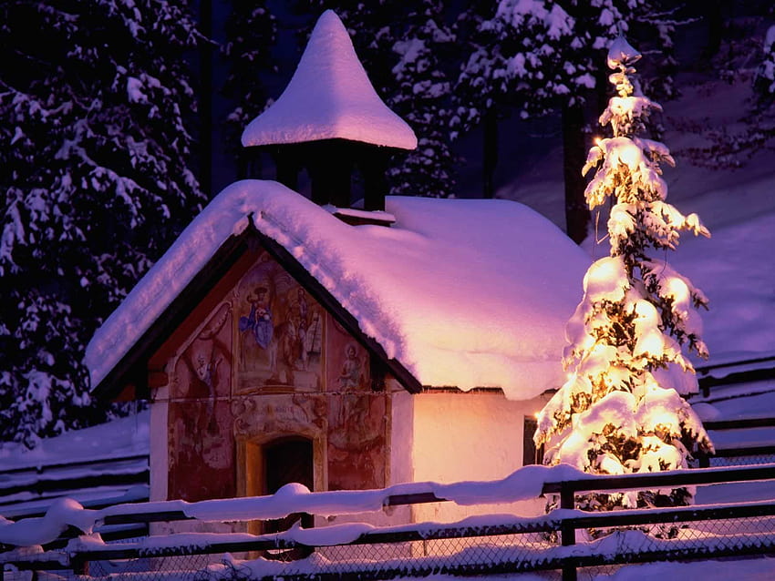 Snowy Church And Xmas Tree, christmas tree scene HD wallpaper