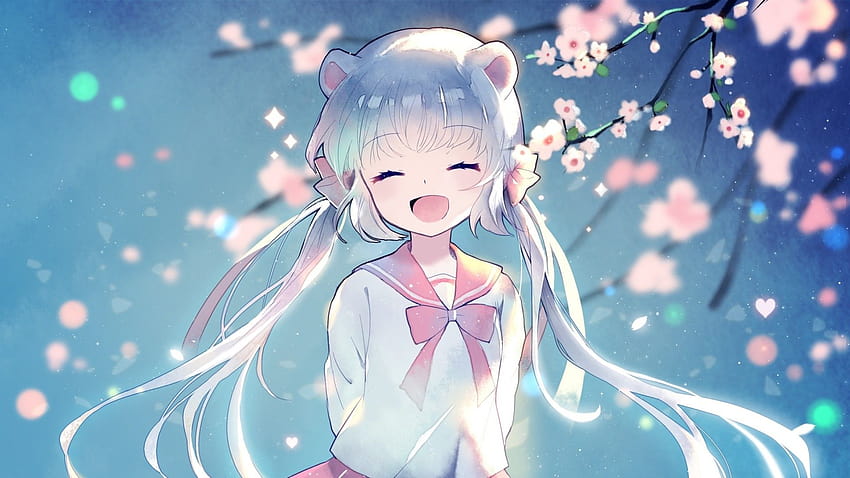 Anime Girl, Happy Face, Twintails, Aqua Hair, Cherry, kawaii blaues Haar Anime Girl HD-Hintergrundbild