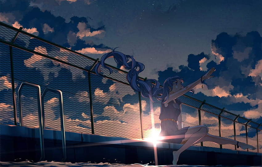 the sky, girl, the sun, clouds, sunset, the fence, anime, pool, art, vocaloid, hatsune miku, no.734 , section арт HD wallpaper
