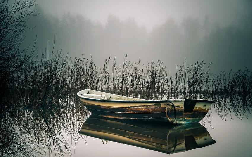 Old rowboat floating on a foggy lake [12801024] [1920x1200] for your , Mobile & Tablet, autumn foggy boat HD wallpaper